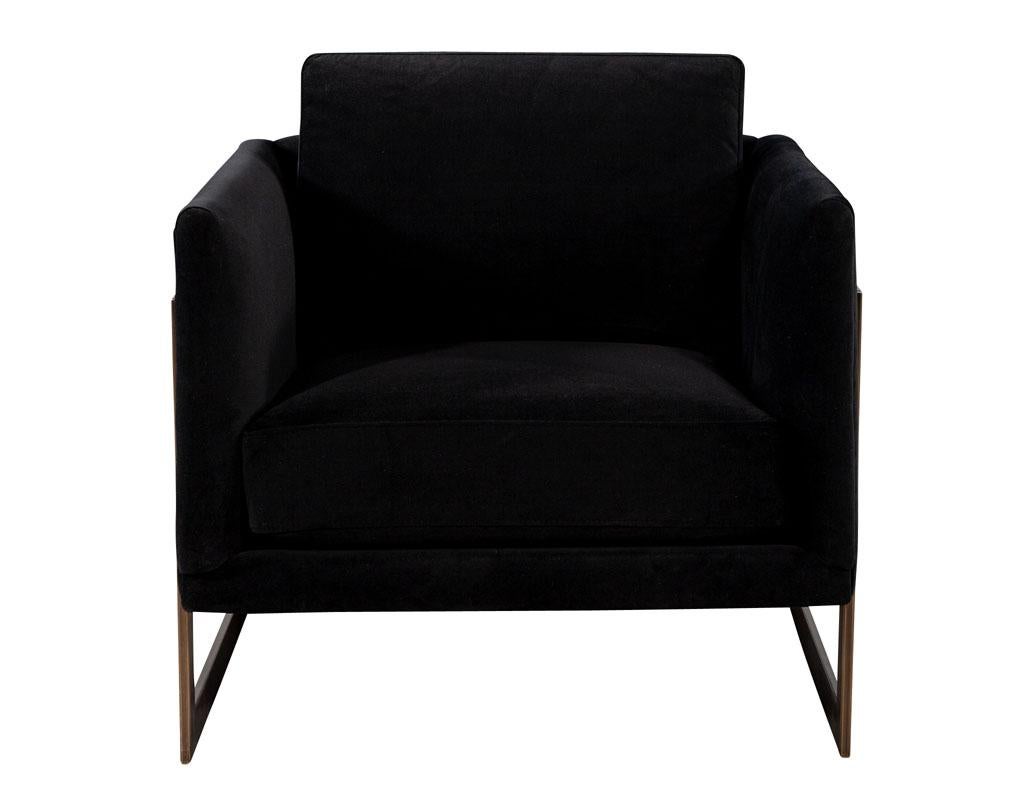 Pair of Custom Black Velvet Lounge Chairs with Brass Frames For Sale 3