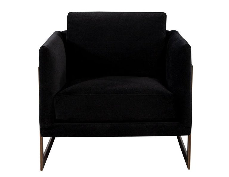 Pair of Custom Black Velvet Lounge Chairs with Brass Frames For Sale at
