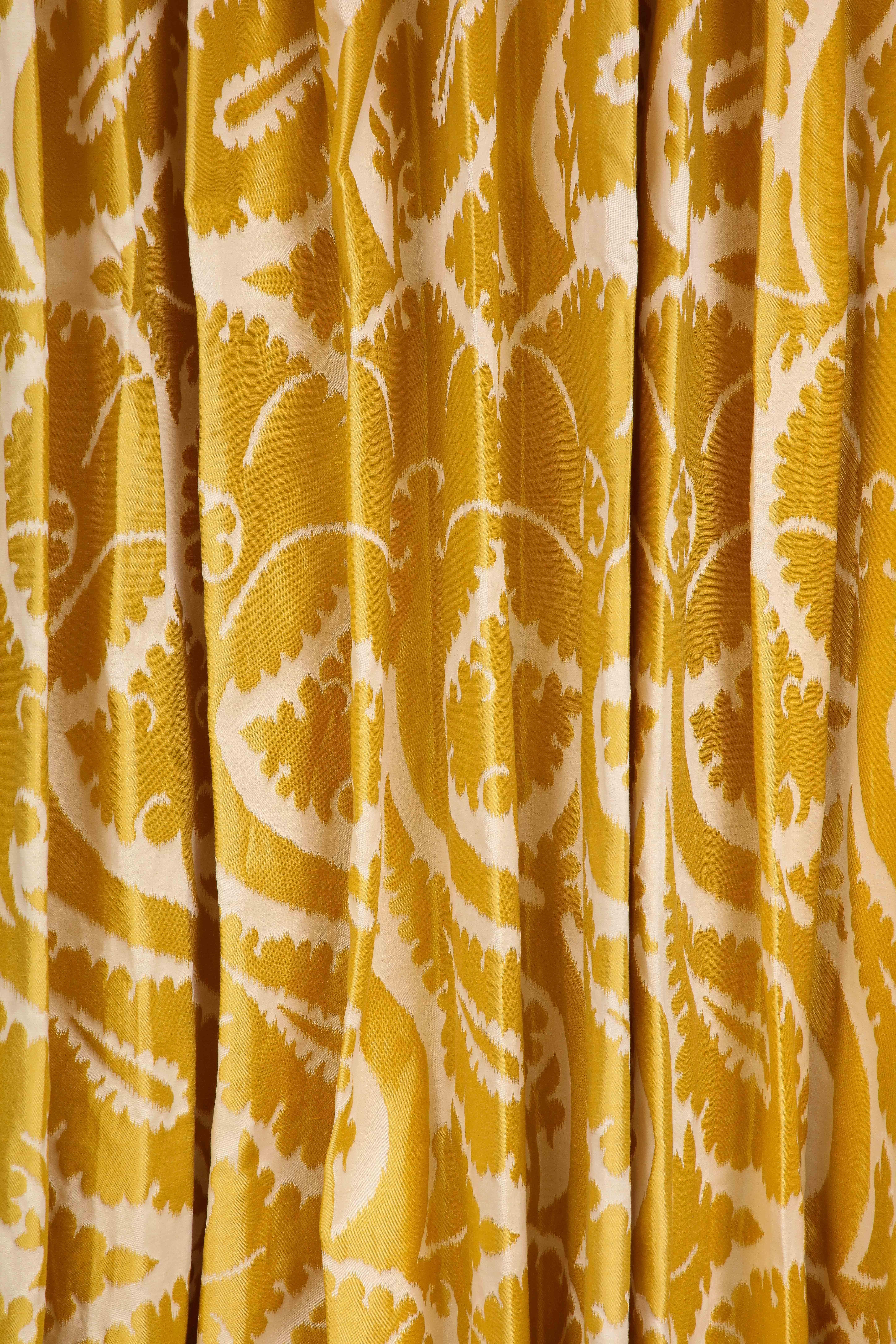 French Pair of Custom Silk Blend Drapes in Pierre Frey Golden Yellow Sidonia Girasole