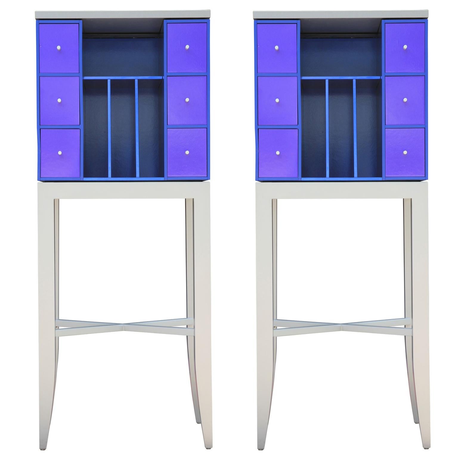 Pair of Custom Blue and Grey Industrial Postmodern Cabinets / Display Cases