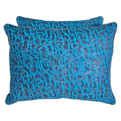 Pair of Custom Blue Fortuny Pillows with Swirls