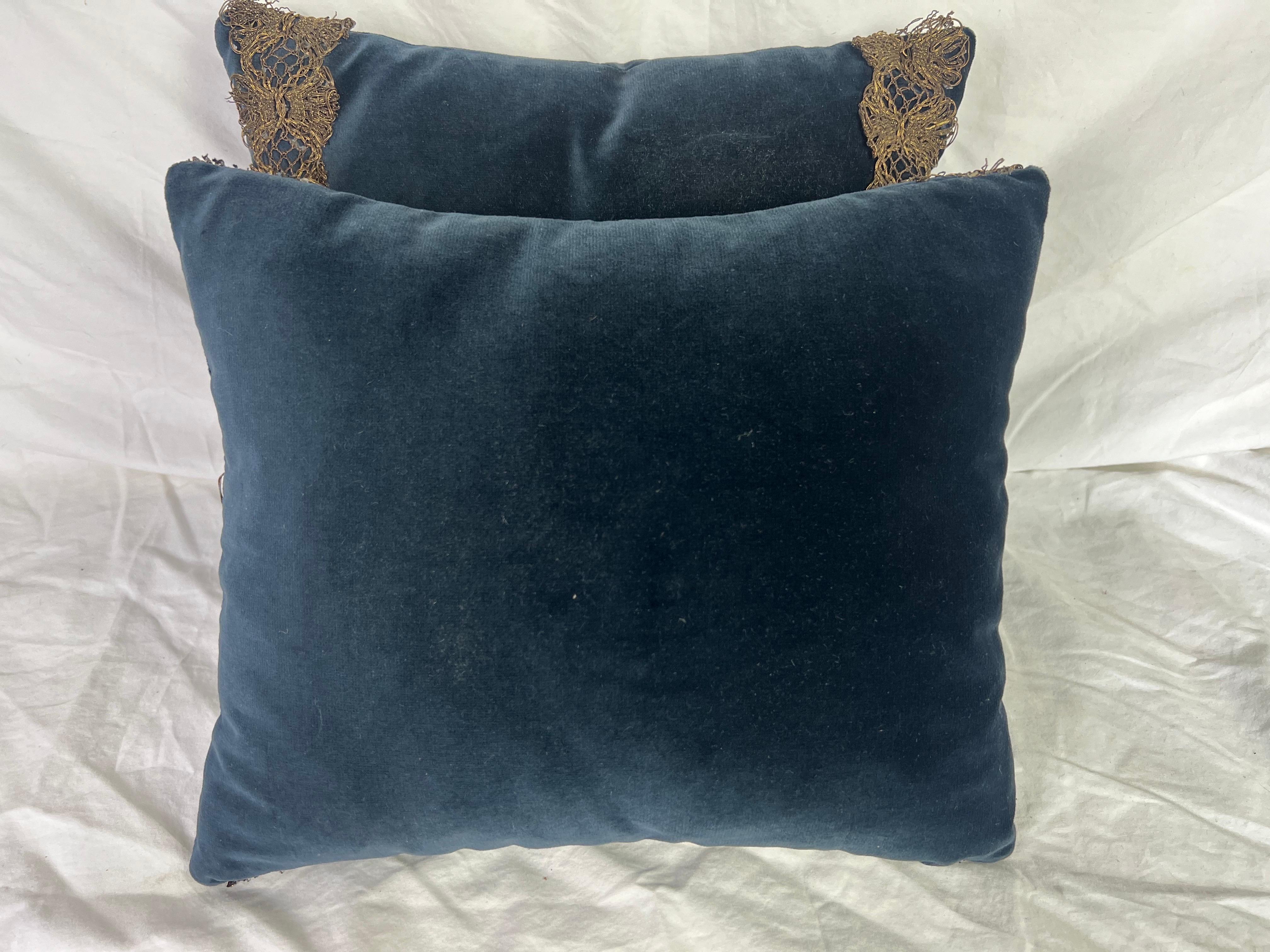 Baroque Pair of Custom Blue Velvet Appliqued Pillows