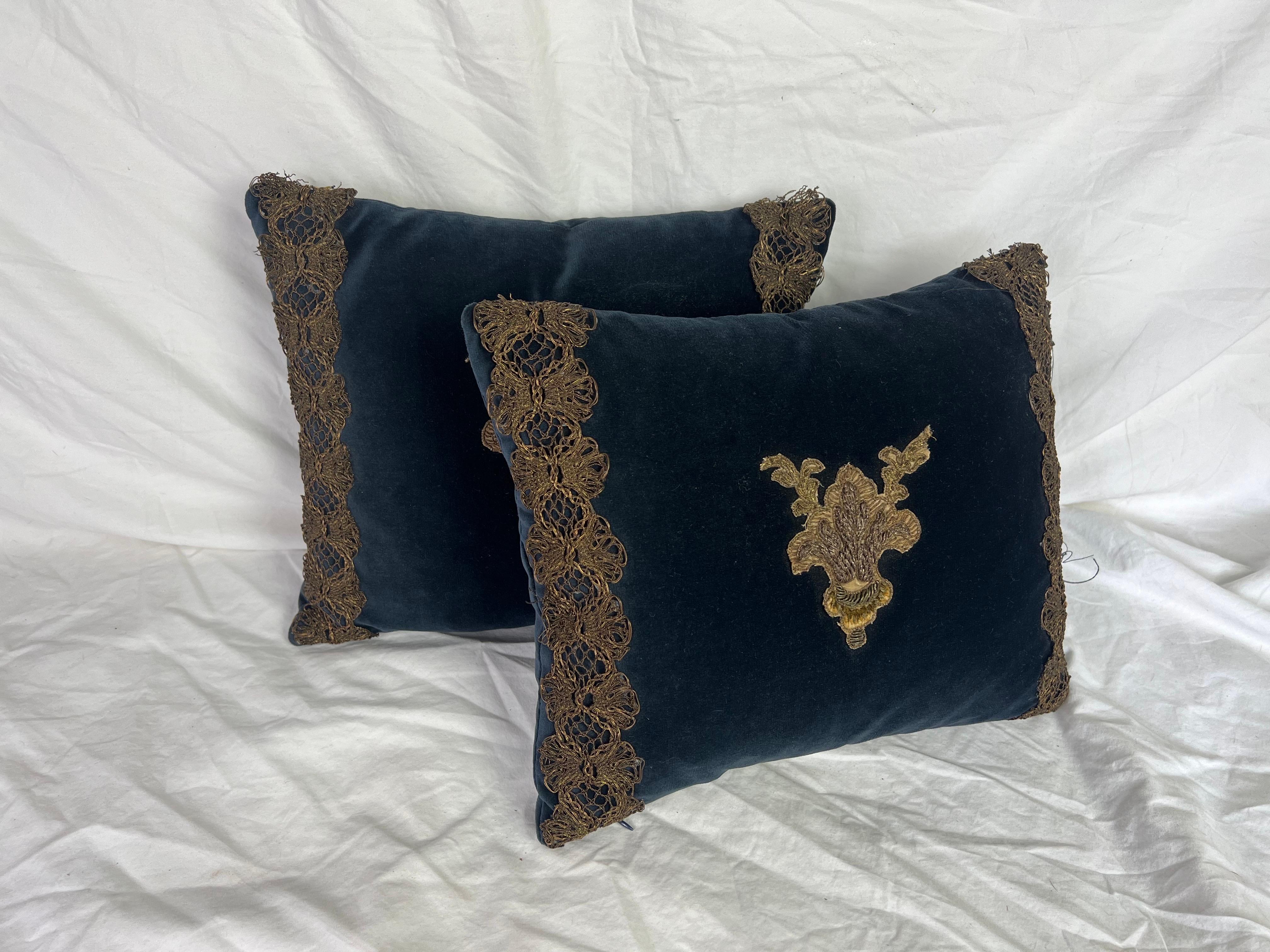 American Pair of Custom Blue Velvet Appliqued Pillows