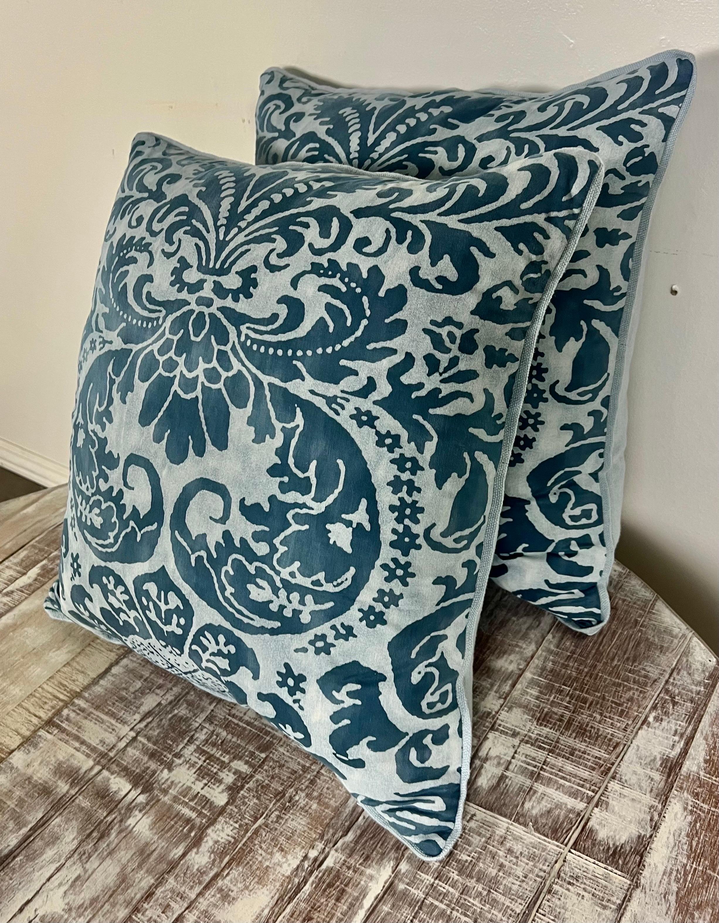 Italian Pair of Custom Blue & White Fortuny Pillows For Sale