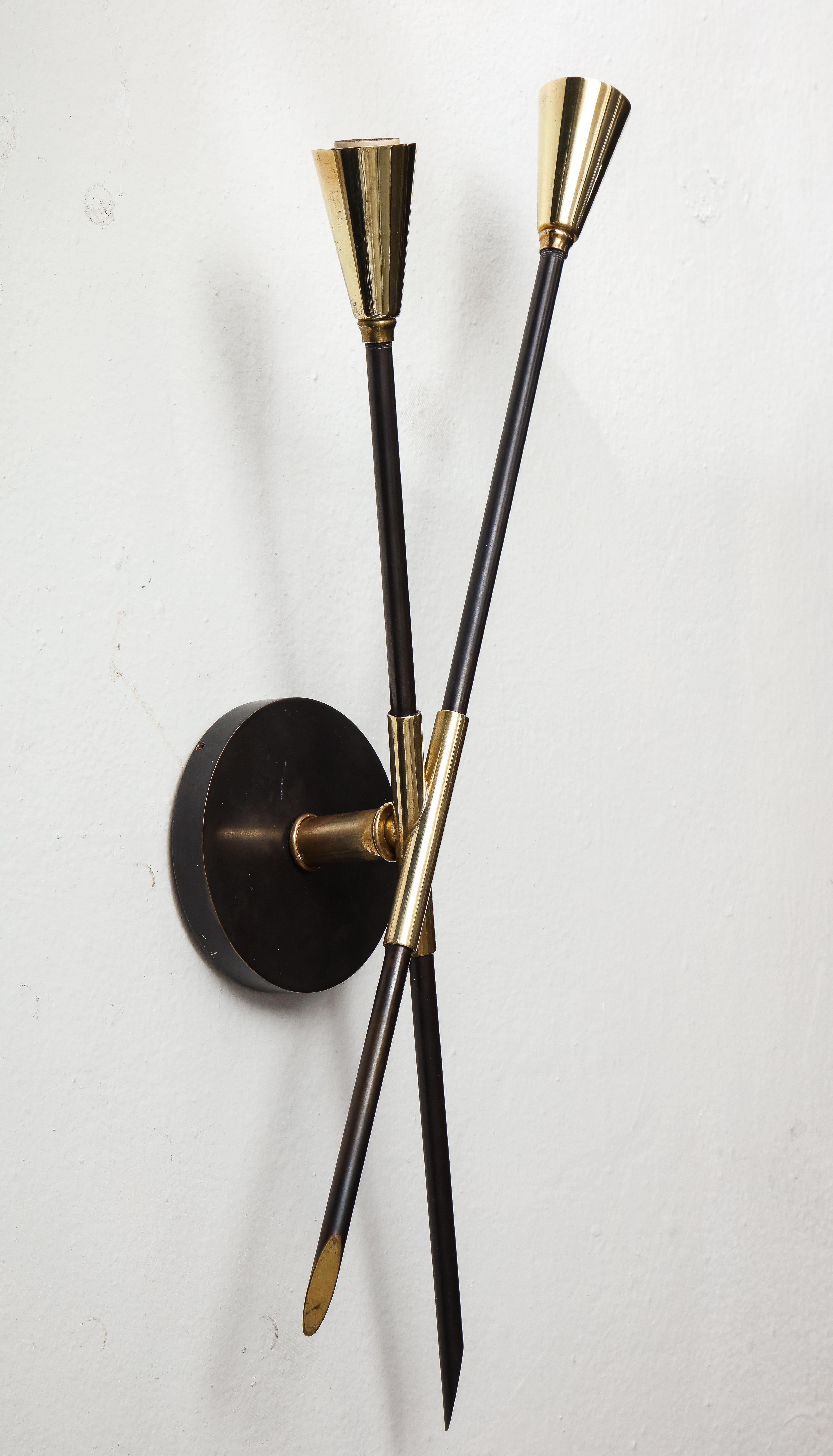 Pair of Custom Brass and Bronze Sconces Inspired by Midcentury Design For Sale 3