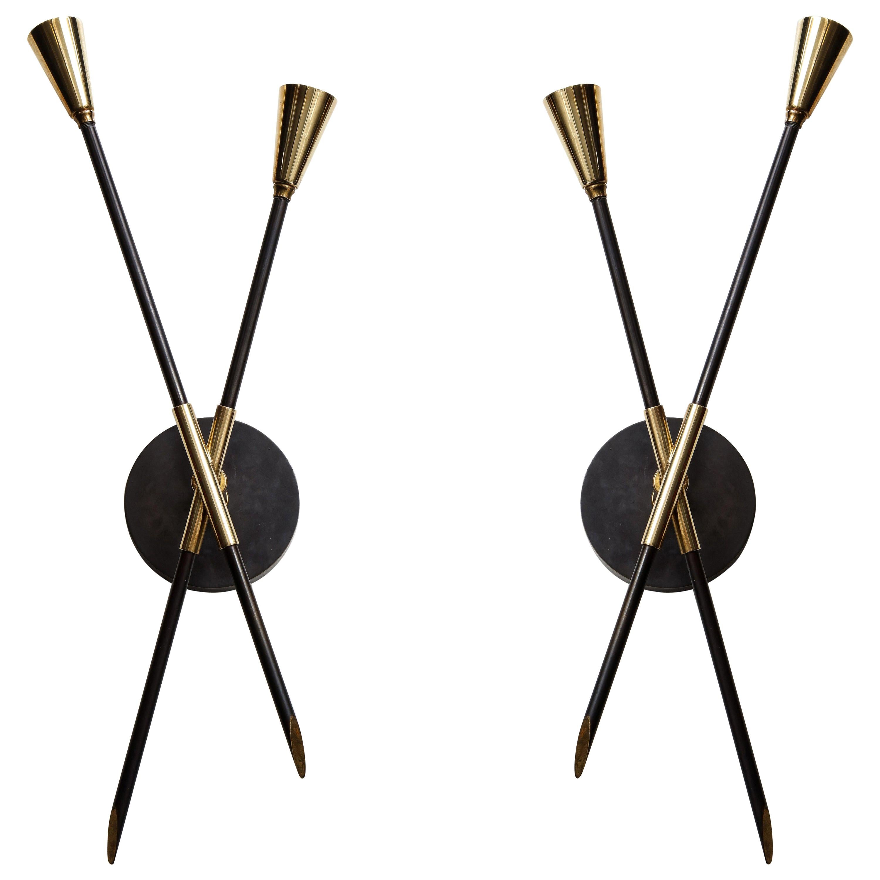 Pair of Custom Brass and Bronze Sconces Inspired by Midcentury Design
