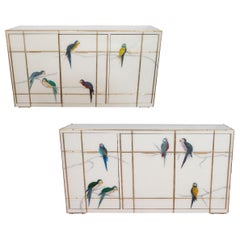 Pair of Custom Brass Bamboo Inlay and Murano Glass Parrot Sideboard, Italy, 2019