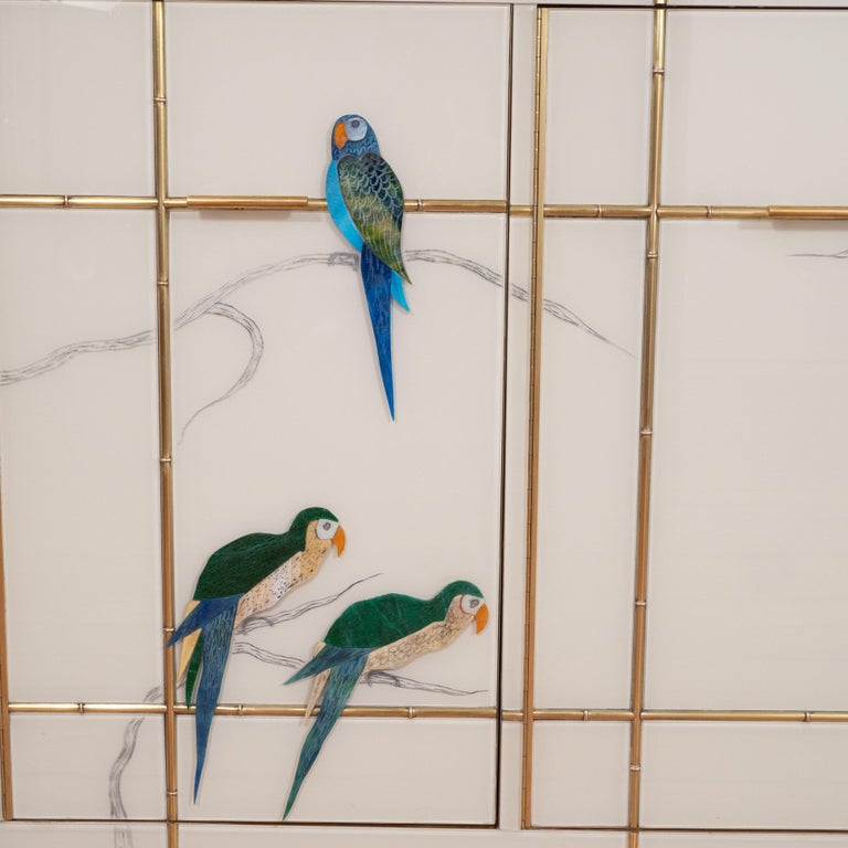 Pair of Custom Made Brass Bamboo Inlay and Murano Glass Parrot ...