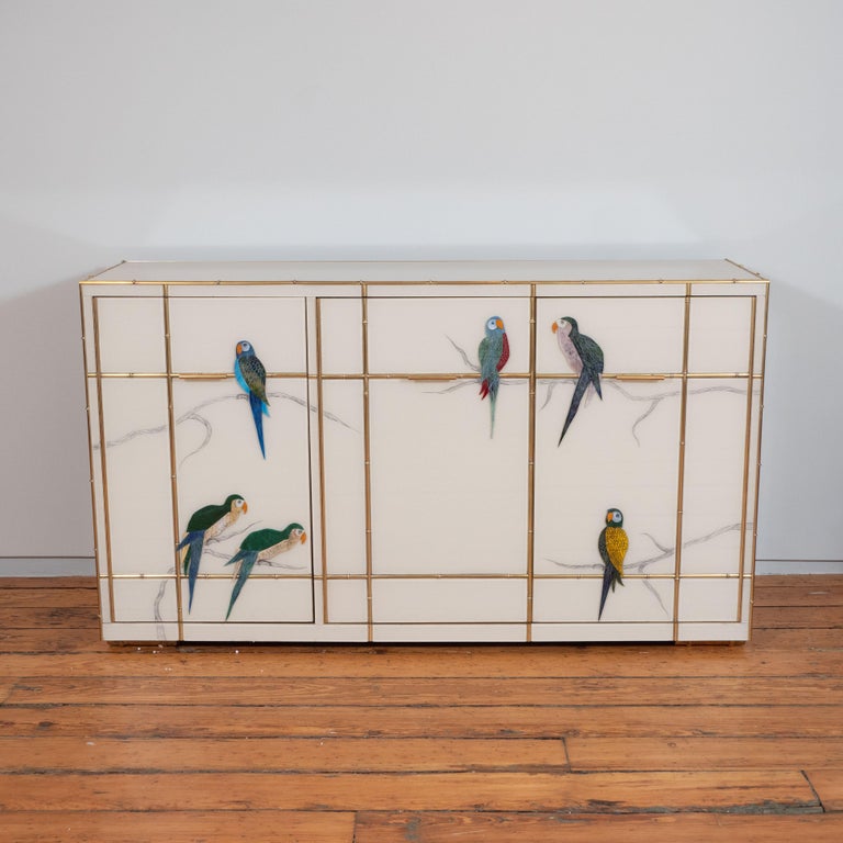 Pair of Custom Made Brass Bamboo Inlay and Murano Glass Parrot ...