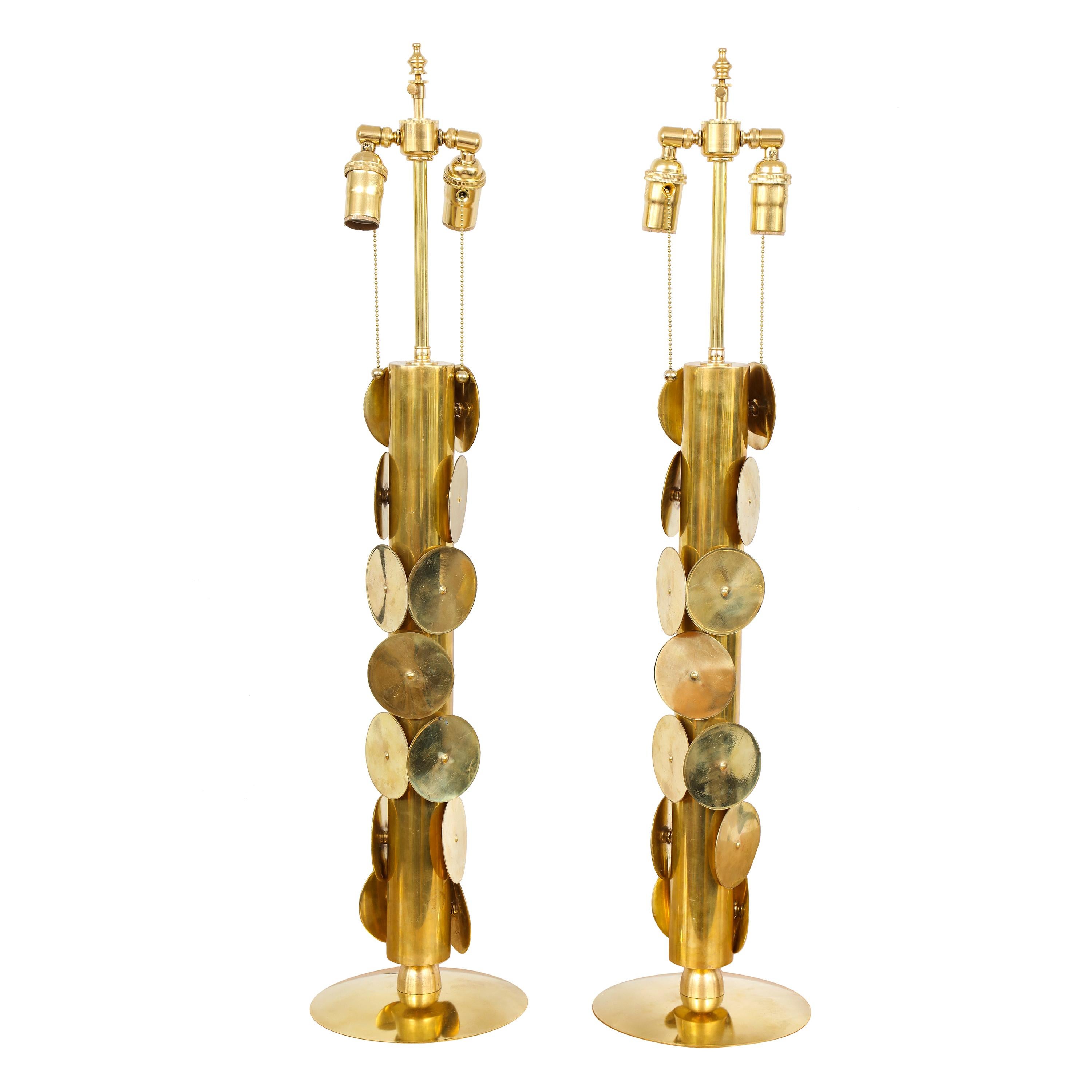 Pair of Custom Brass Lamps with Circular Brass Discs For Sale
