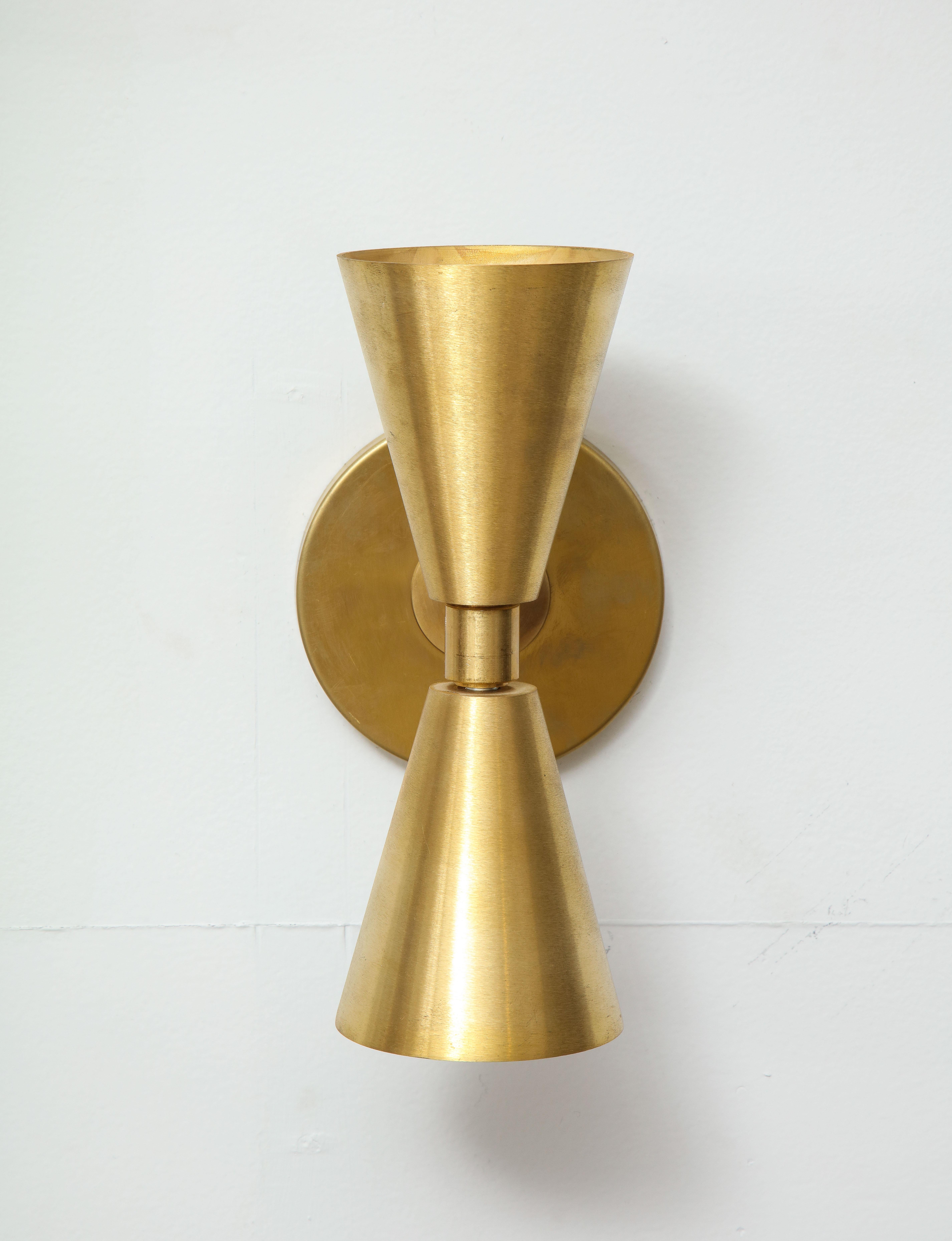Pair of custom brass sconces in the midcentury manner.
Lead Time for custom made is 8-10 weeks.