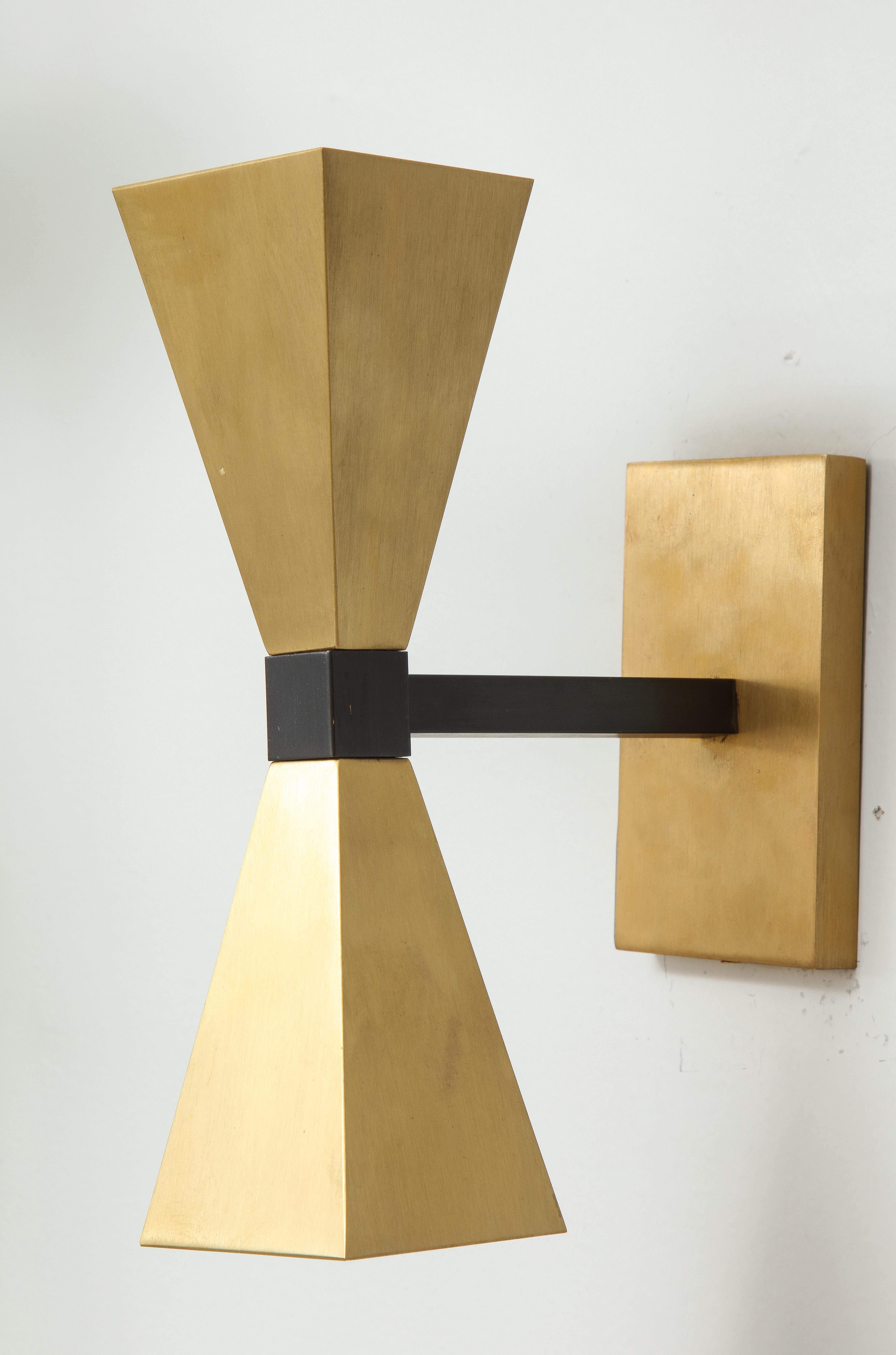 Contemporary Pair of Custom Brass Sconces in the Style of Mid-Century Modern For Sale