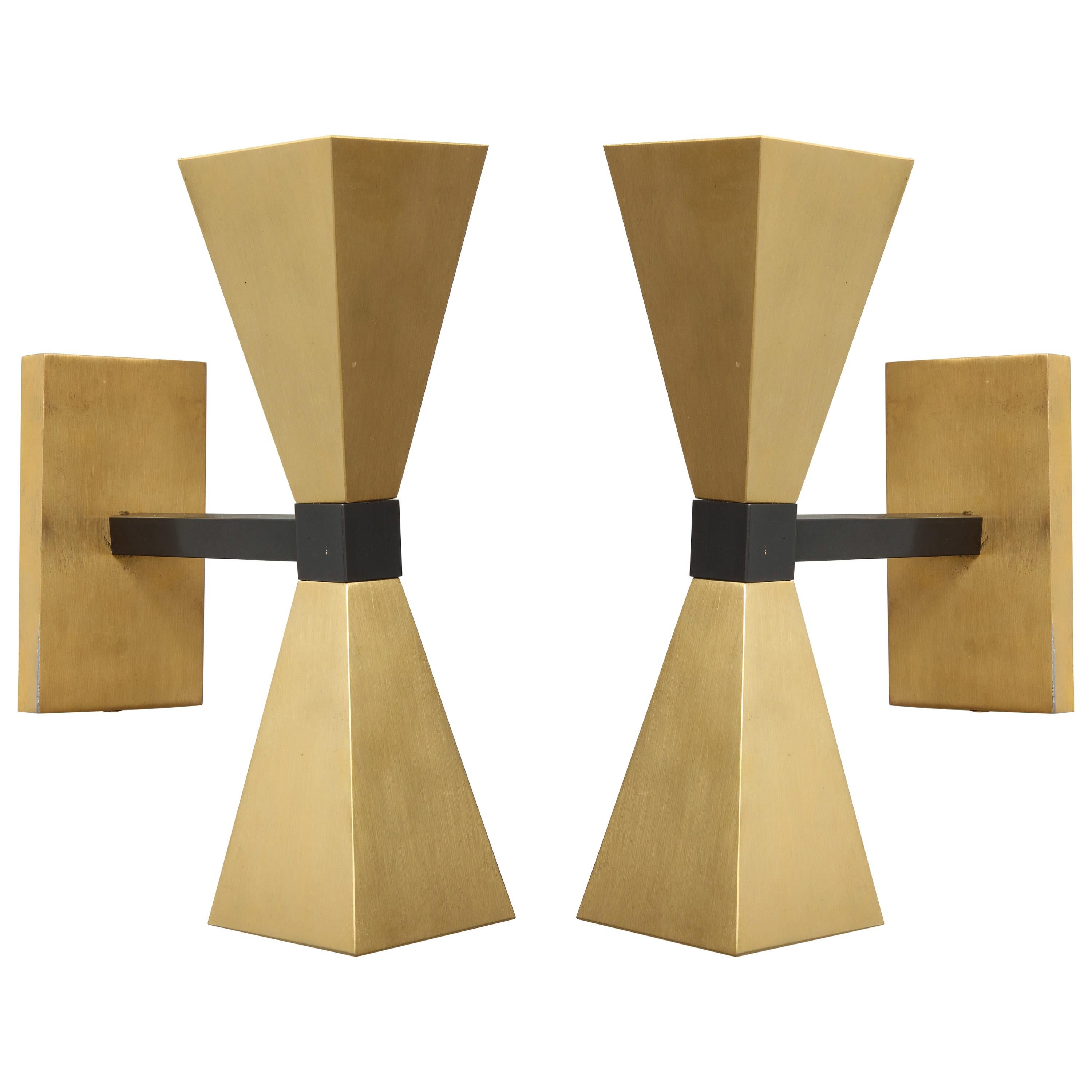 Pair of Custom Brass Sconces in the Style of Mid-Century Modern