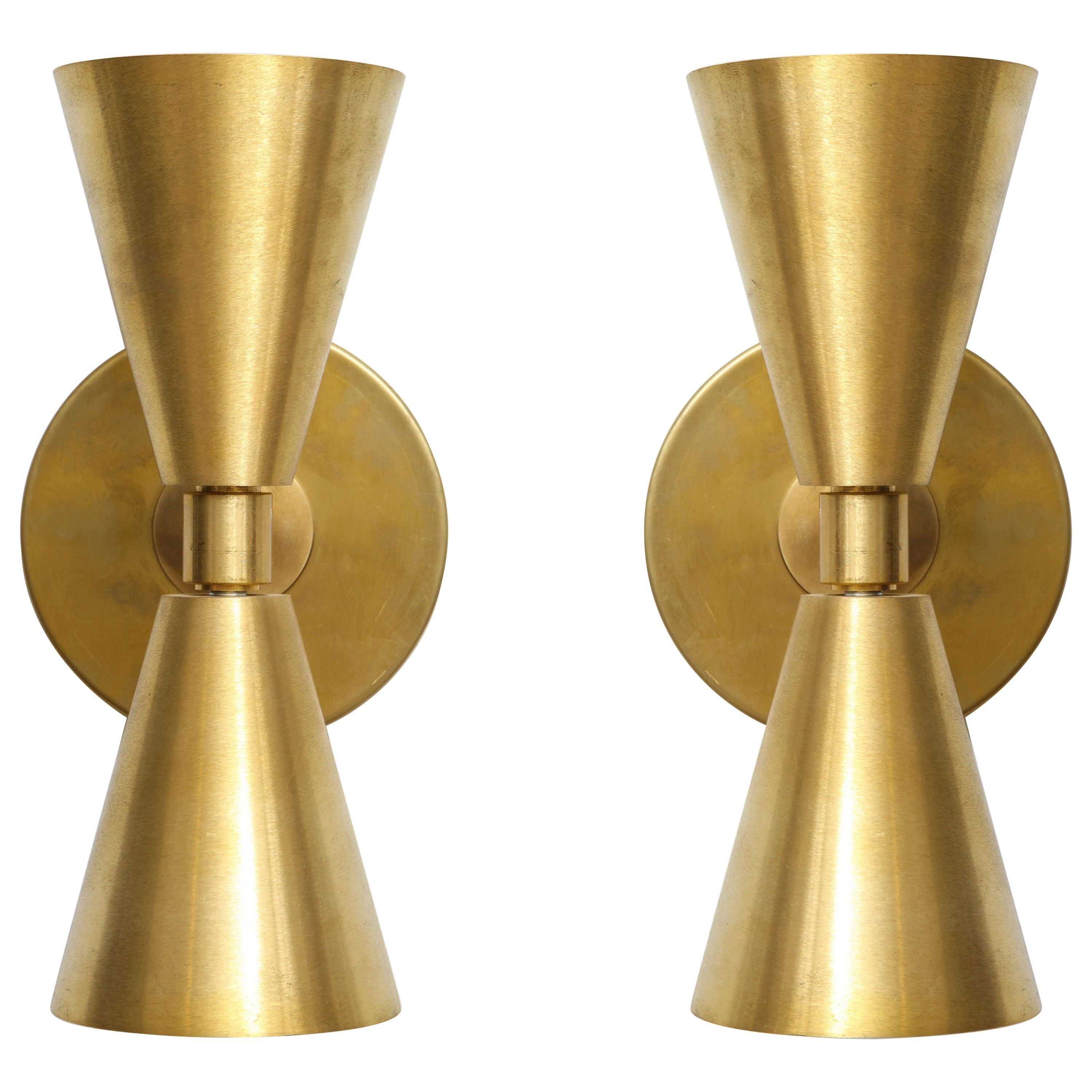 Pair of Custom Brass Sconces in the Midcentury Manner For Sale