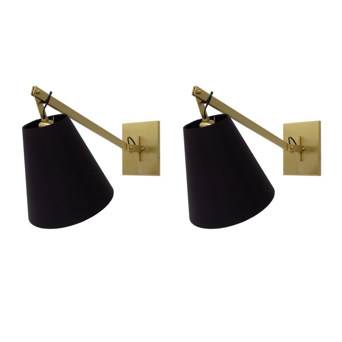 Unknown Pair of Custom Brass Wall Lamps with Black Shades