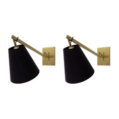 Pair of Custom Brass Wall Lamps with Black Shades