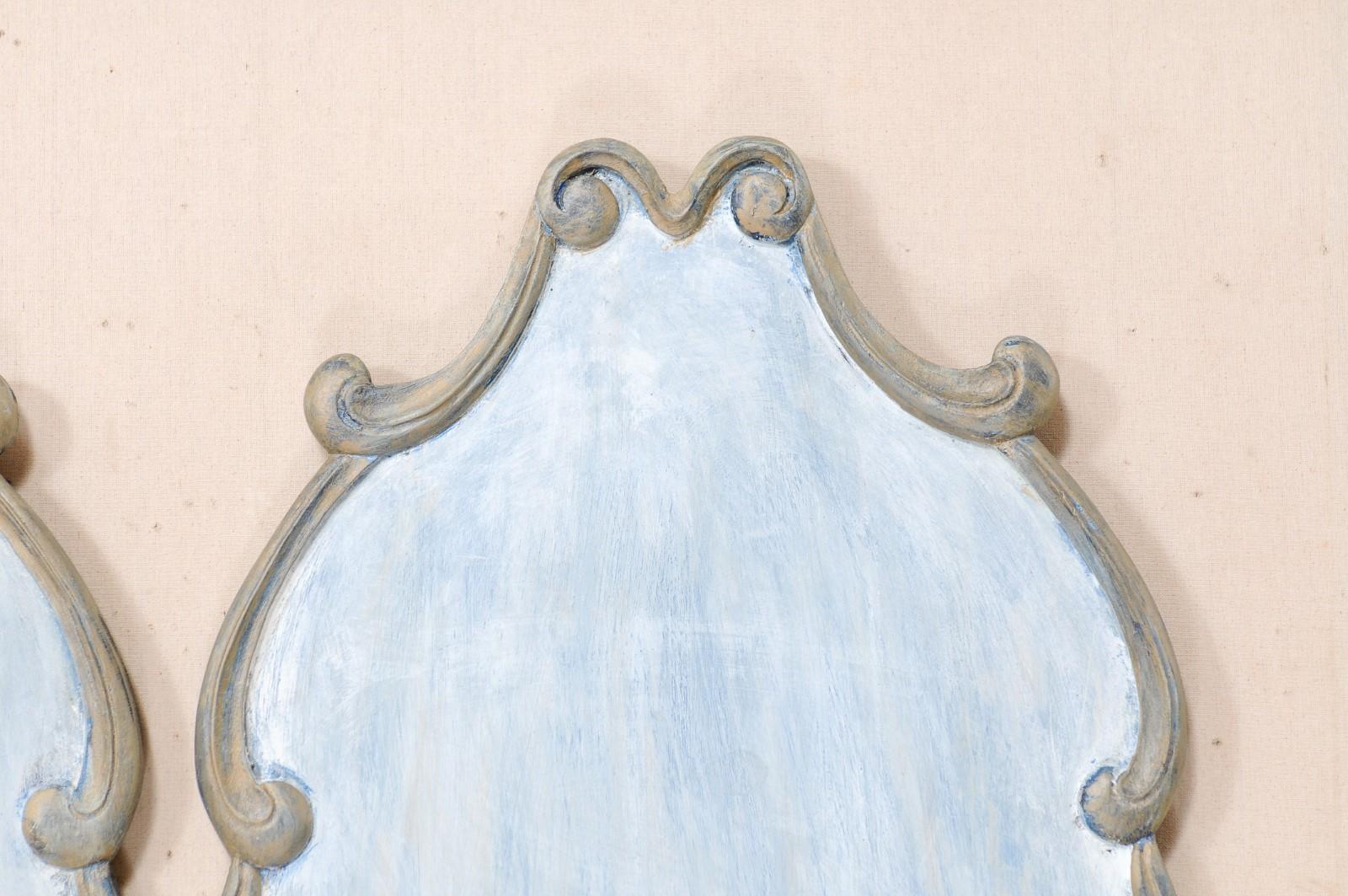 Pair of Custom Carved Wall Plaques in Blue & Pewter with Scrolling Trim Boarder For Sale 3