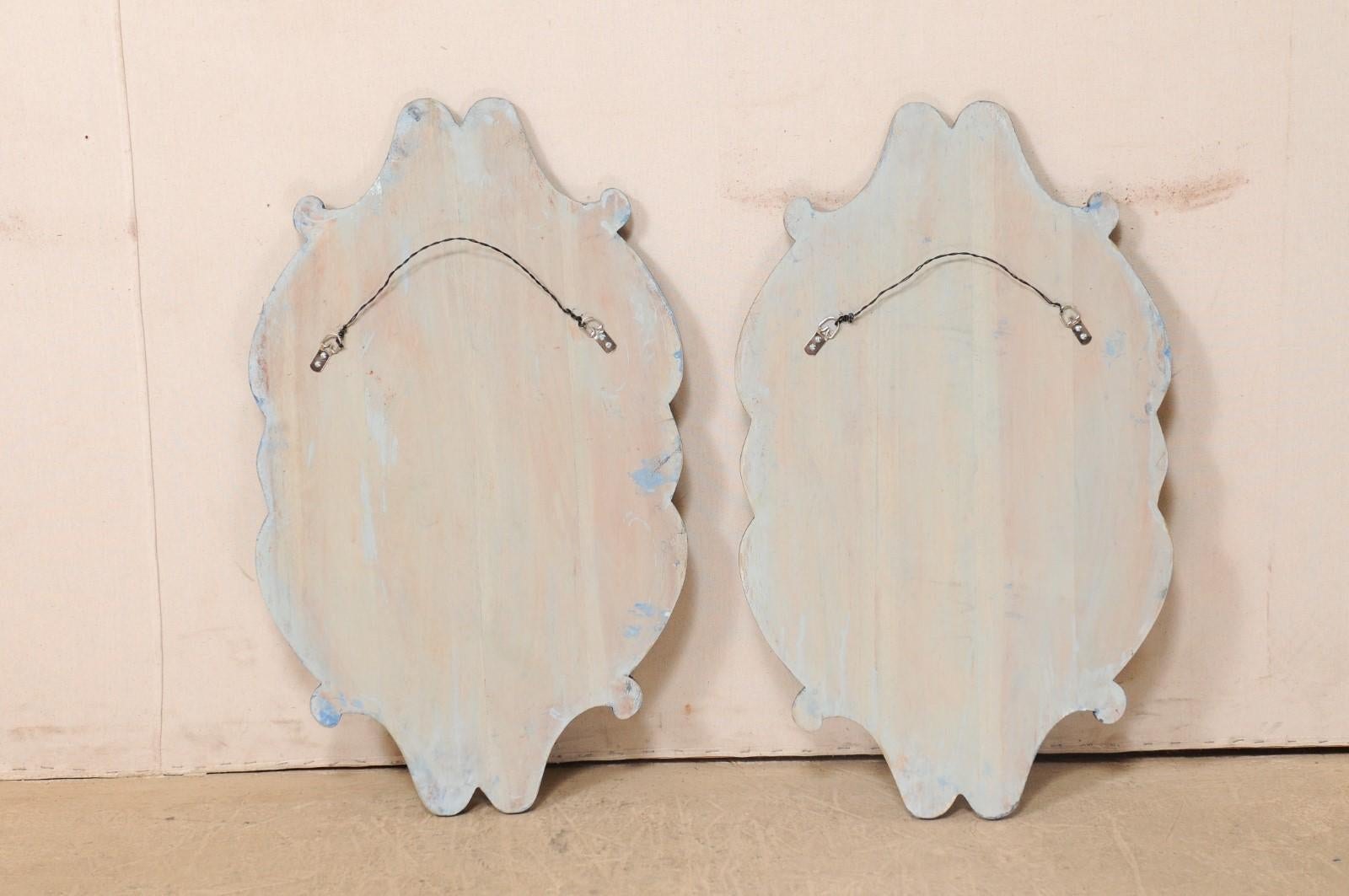 Pair of Custom Carved Wall Plaques in Blue & Pewter with Scrolling Trim Boarder For Sale 4