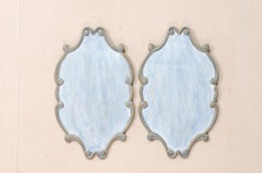 Pair of Custom Carved Wall Plaques in Blue & Pewter with Scrolling Trim Boarder