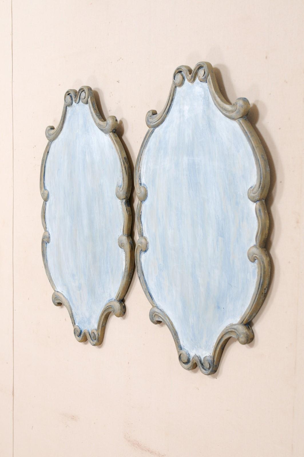 Italian Pair of Custom Carved Wall Plaques in Blue & Pewter with Scrolling Trim Boarder For Sale