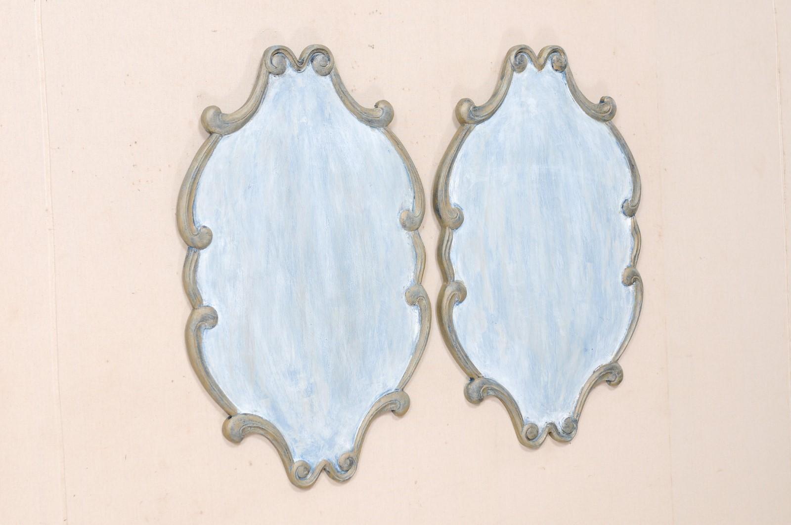 Pair of Custom Carved Wall Plaques in Blue & Pewter with Scrolling Trim Boarder In Good Condition For Sale In Atlanta, GA