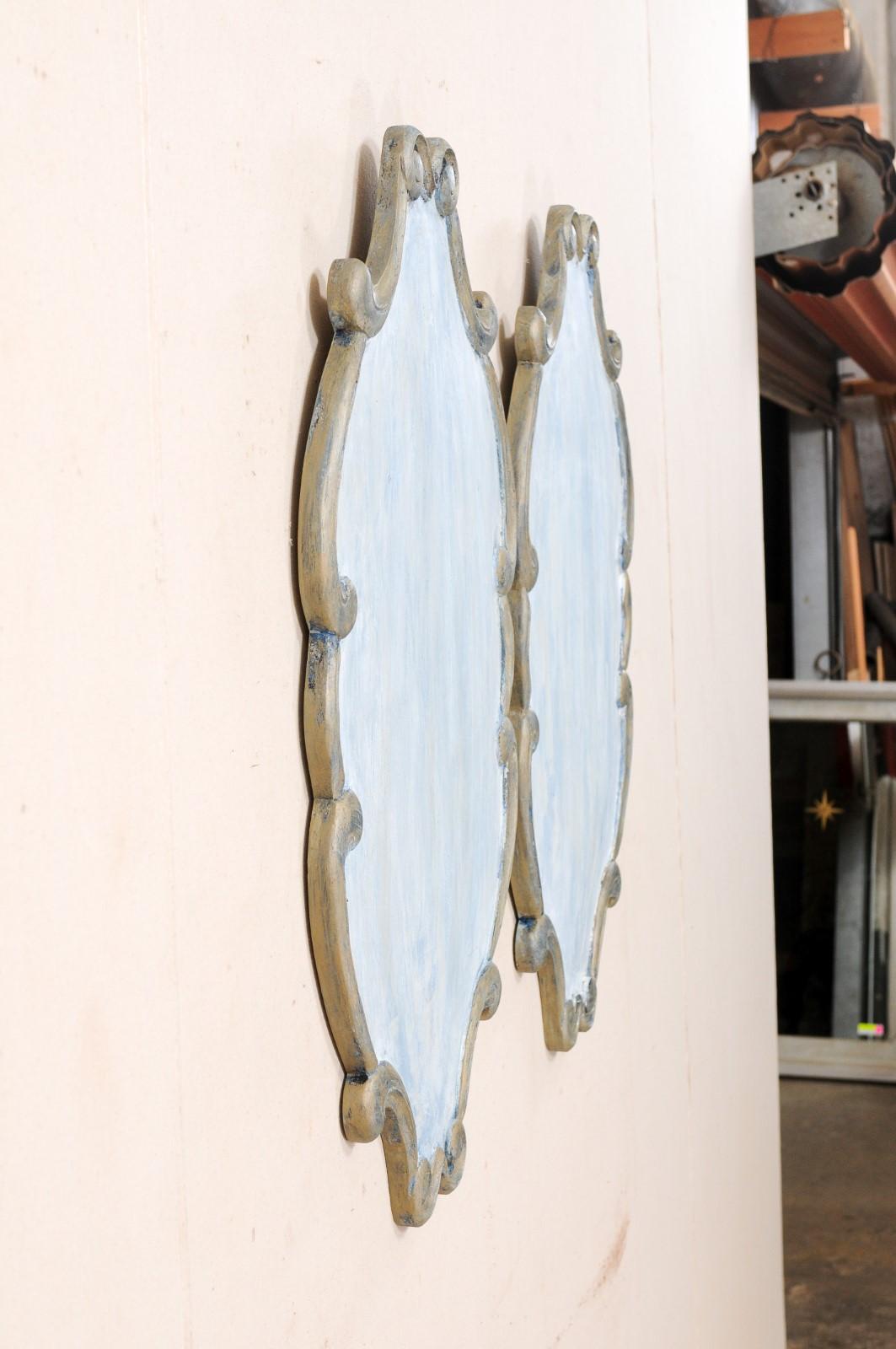 Contemporary Pair of Custom Carved Wall Plaques in Blue & Pewter with Scrolling Trim Boarder For Sale