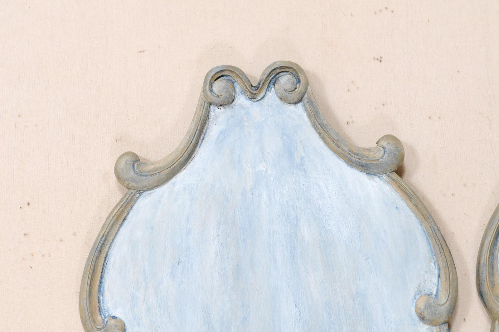 Wood Pair of Custom Carved Wall Plaques in Blue & Pewter with Scrolling Trim Boarder For Sale