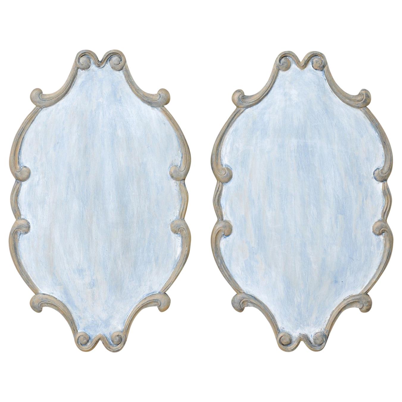 Pair of Custom Carved Wall Plaques in Blue & Pewter with Scrolling Trim Boarder For Sale
