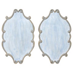 Pair of Custom Carved Wall Plaques in Blue & Pewter with Scrolling Trim Boarder