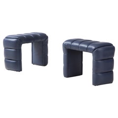 Pair of Custom Channel Tufted Blue Leather Stools or Benches, Italy, 2021