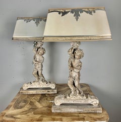 Pair of Custom Cherub Lamps with Hand Painted Parchment Shades