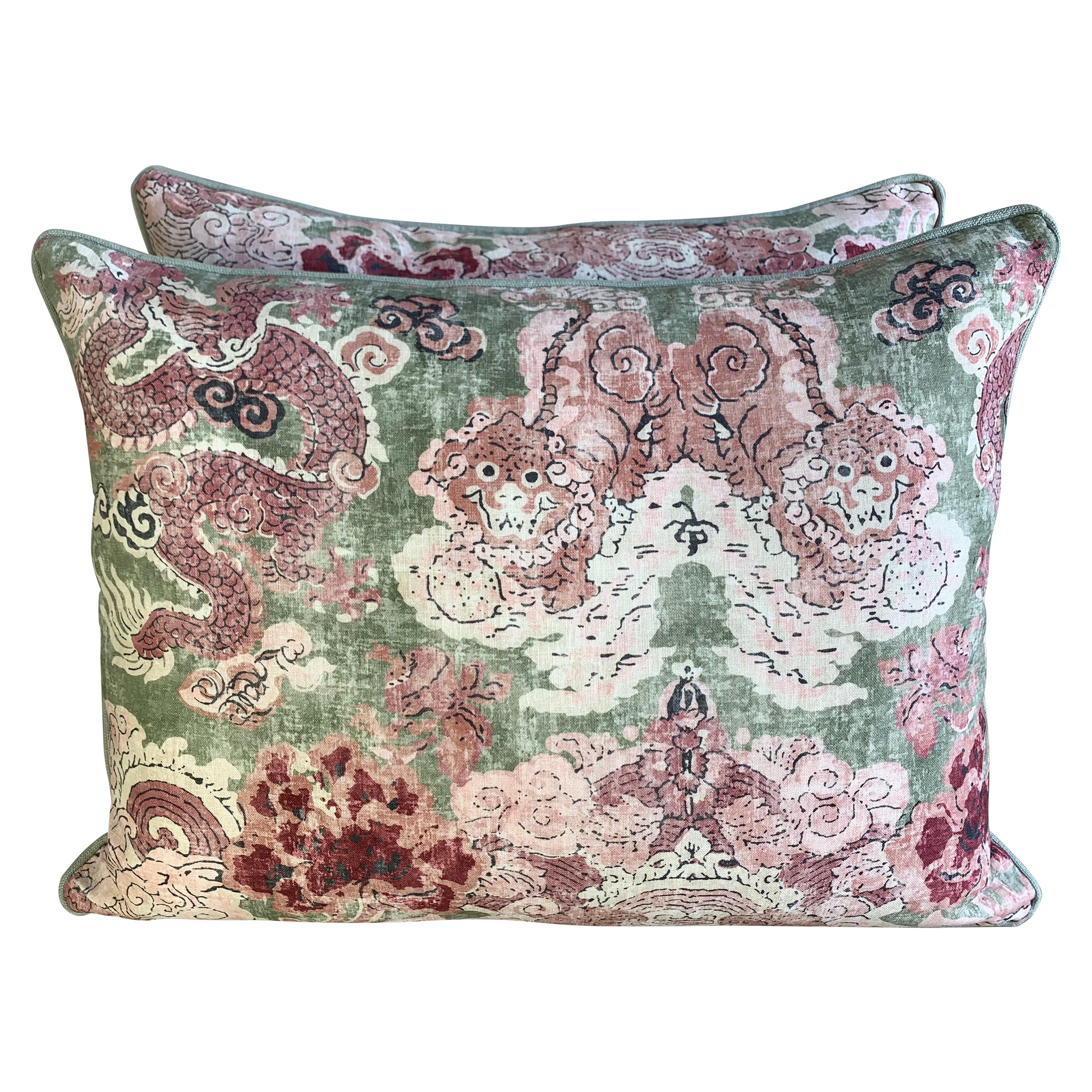 Pair of Custom Chinoiserie Printed Pillows For Sale