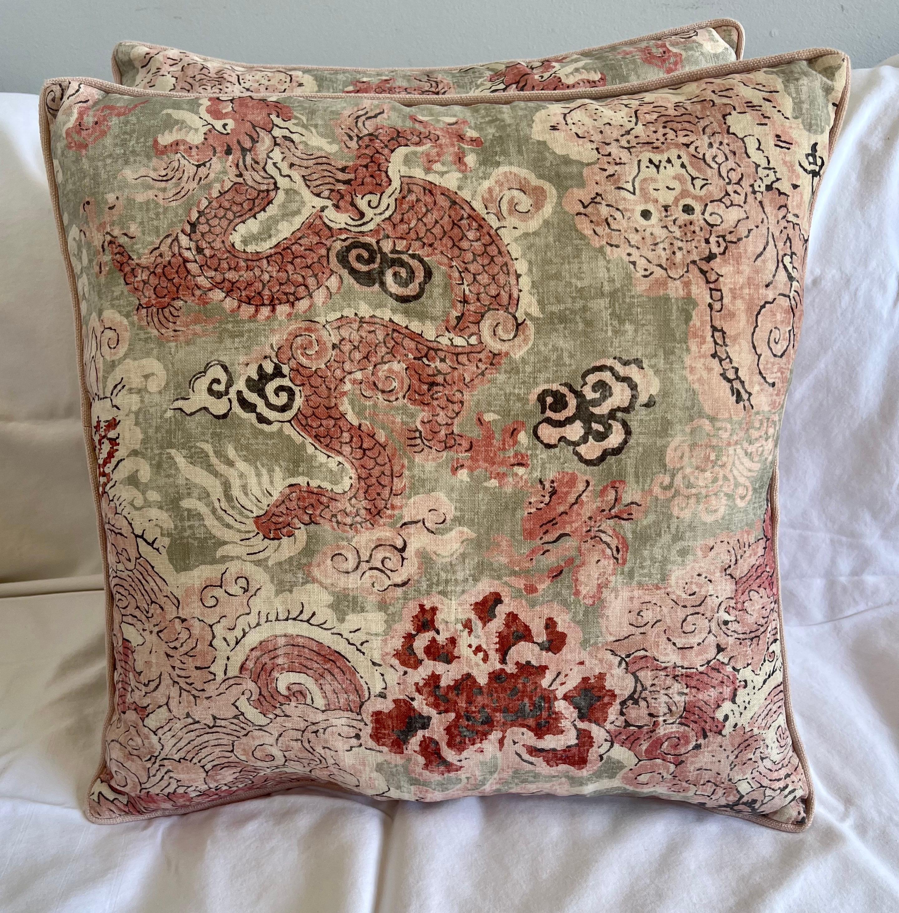 Pair of custom pillows made with chinoiserie printed cotton that is loomed in France. Soft pink linen backs with self cord detail. Down inserts.