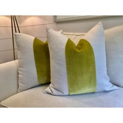 Pair of Custom Classic Chartreuse Panel With Oatmeal Linen Pillows
