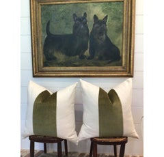 Pair of Custom Classic Olive Green Mohair Panel With Oatmeal Linen Pillows