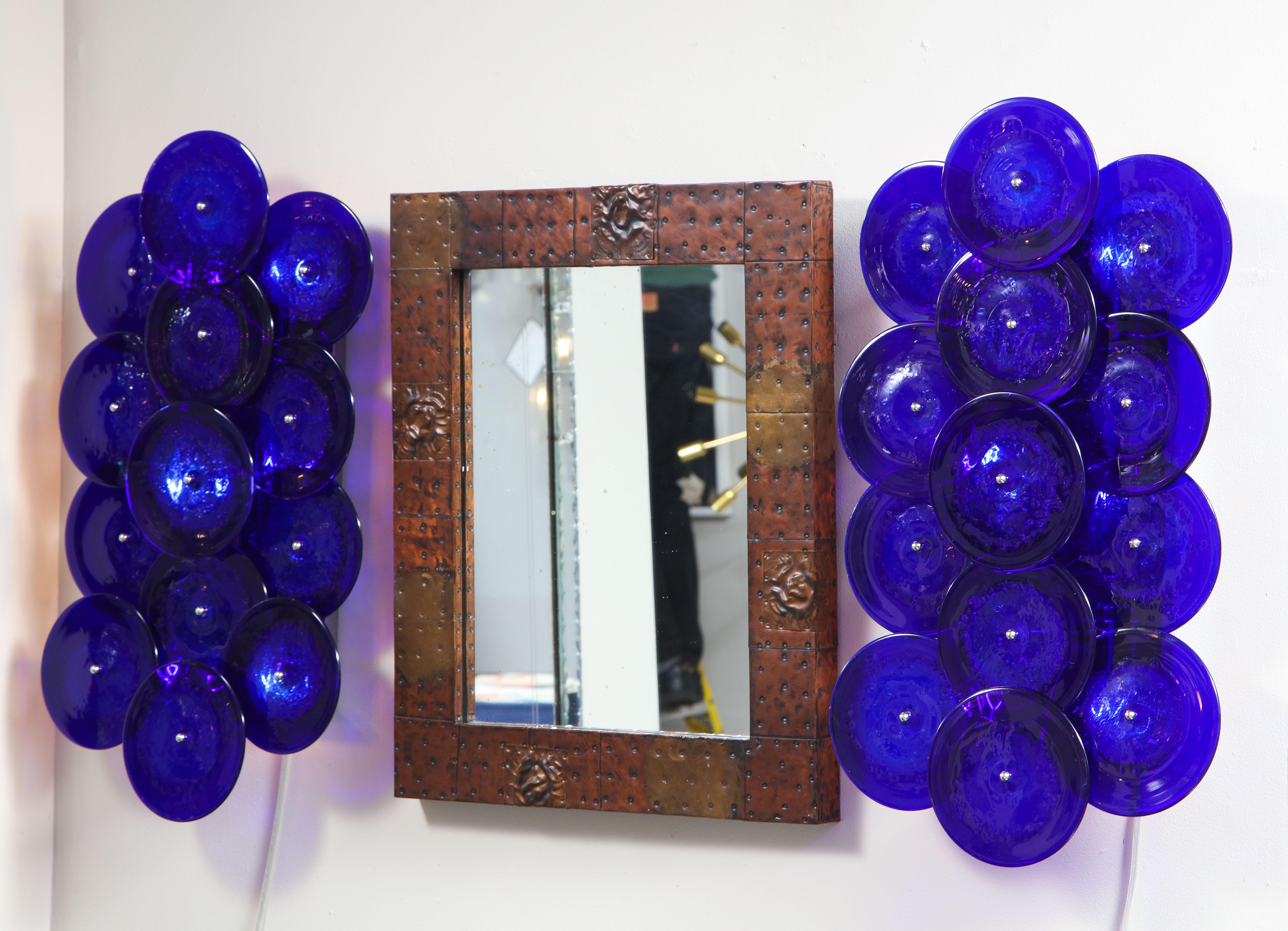 Mid-Century Modern Pair of Cobalt Blue Murano Glass Disc Sconces For Sale