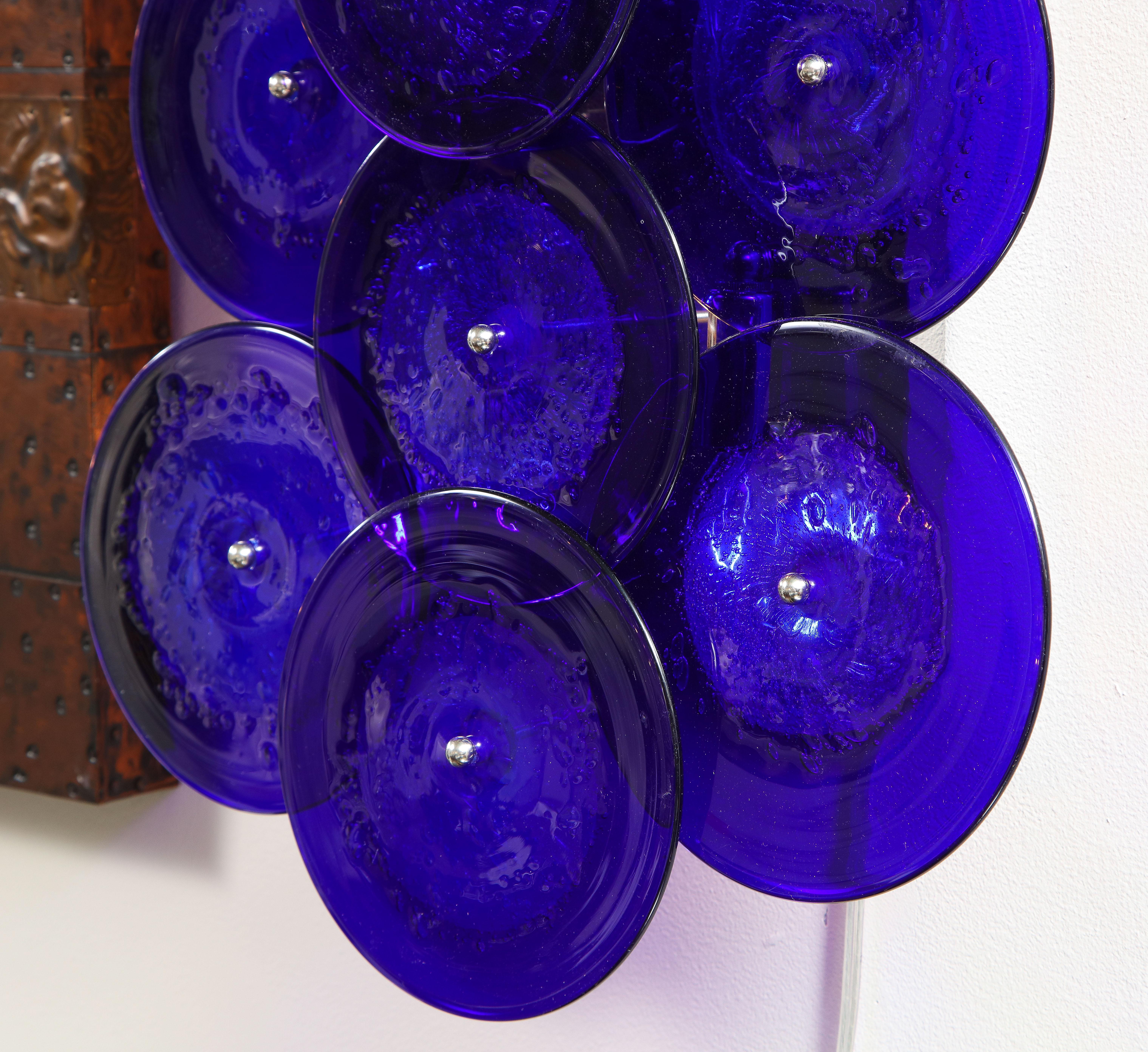 Stainless Steel Pair of Cobalt Blue Murano Glass Disc Sconces For Sale