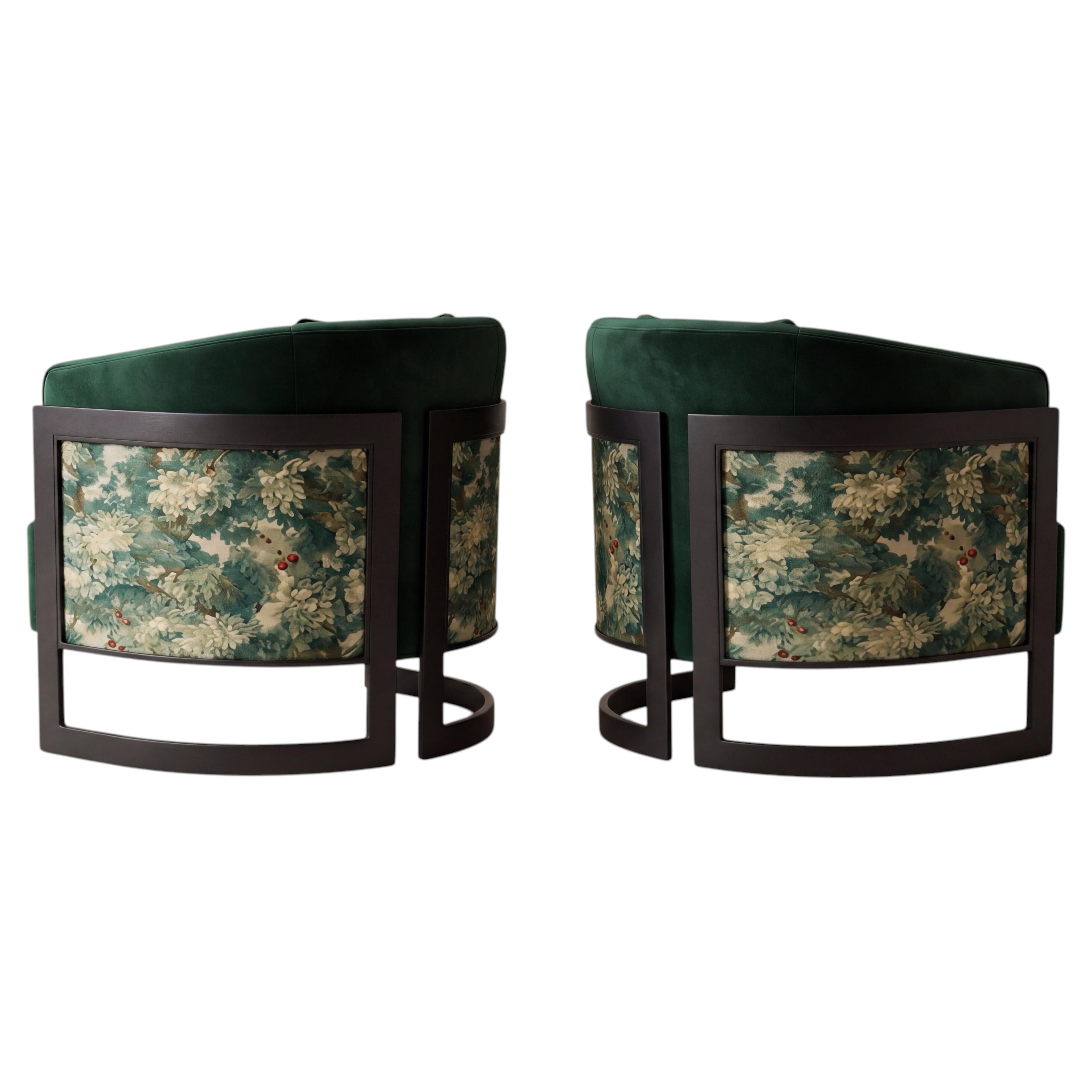 Pair of Custom COM Fabric Tub Armchairs with Black Metal Frame For Sale