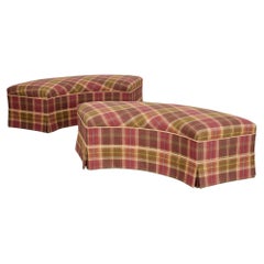 Pair of Custom Curved Tartan Upholstered and Skirted Benches