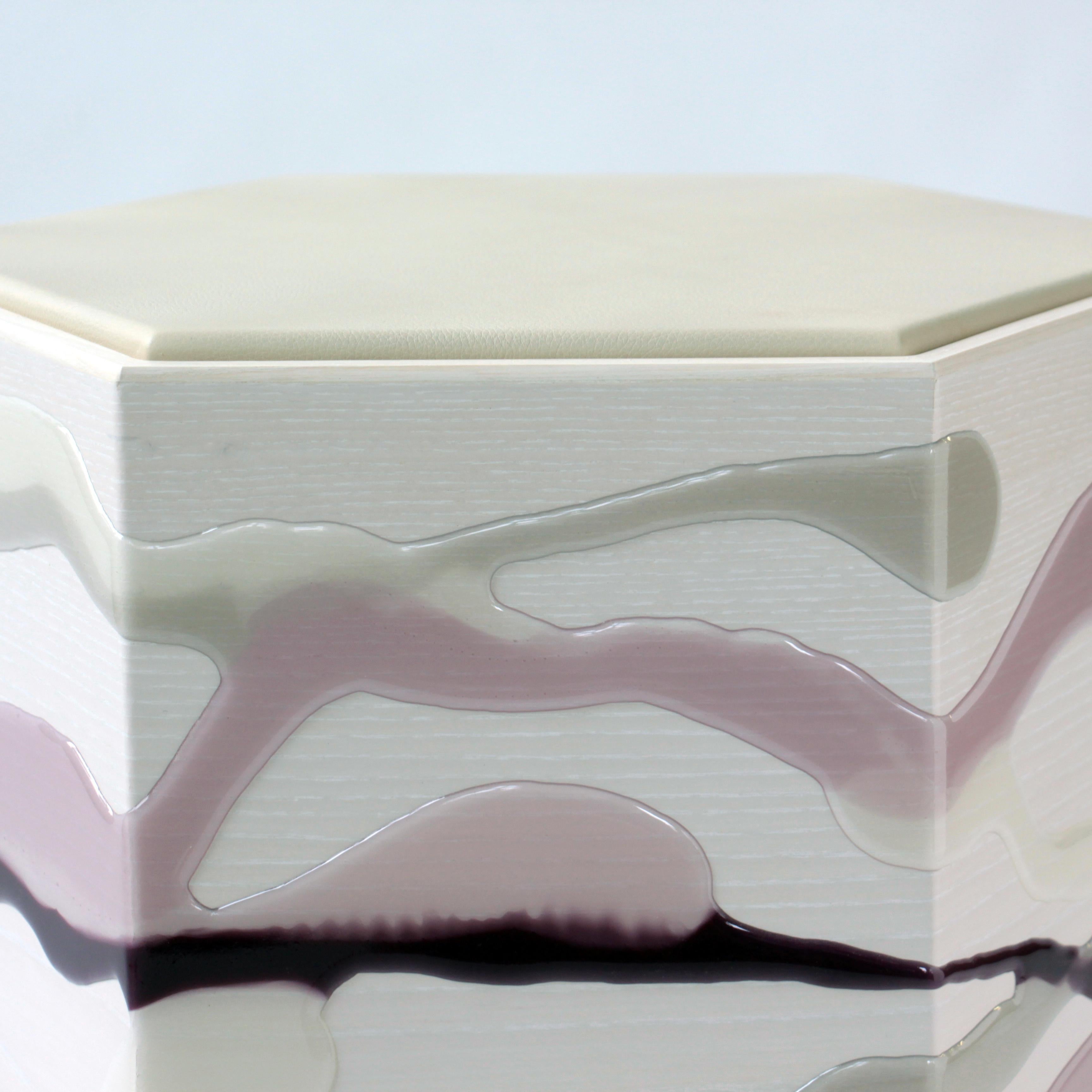 Glazed Pair of Custom Drip/Fold Side Tables, Ash with Lavender Resin, Leather Top For Sale