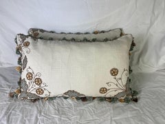 Pair of Custom Embroidered Linen Pillows w/ Tassel Fringe