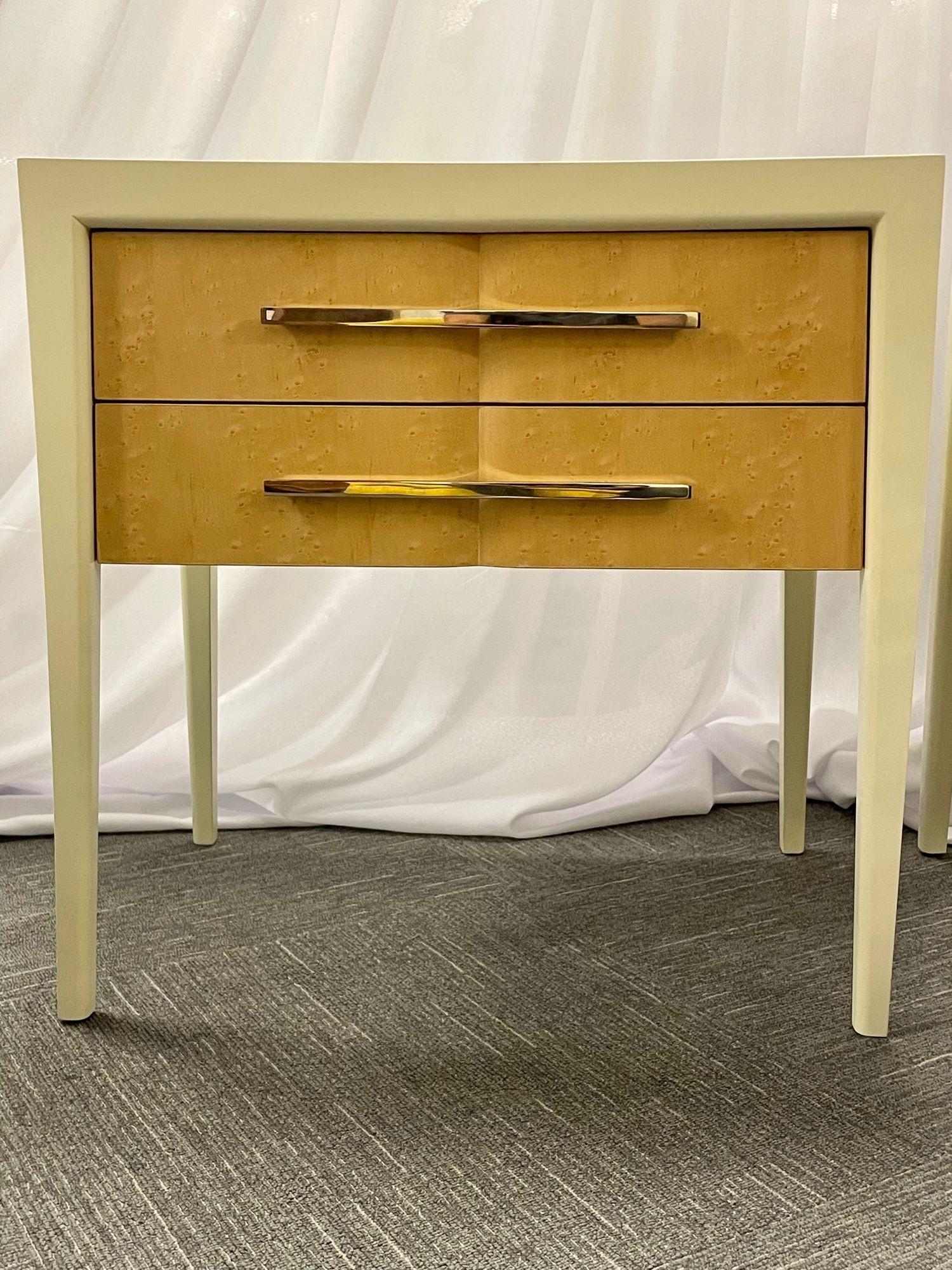 Pair of Custom end table, night stands, chest, Mitchell Gold and Bob Williams
 
A pair of night or bedside tables having long sleek legs and two drawers with long metal pulls. The interior bears Mitchell Gold and Bob Williams seal.