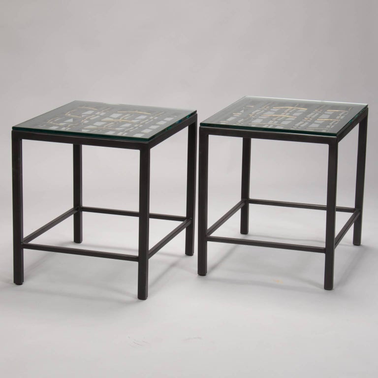 Pair Of Custom End Tables Made With Decorative French Grill For Decorative Woven Metal And Iron Fragment Used As The Top For This Pair Of End Tables