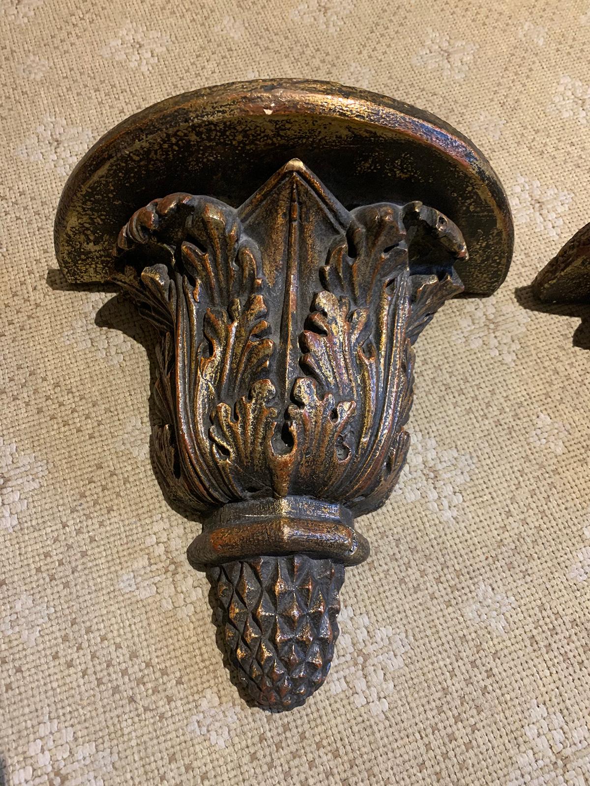 Pair of Custom Finely Carved & Hand Painted Brackets, Brown & Gilt Finish For Sale 6