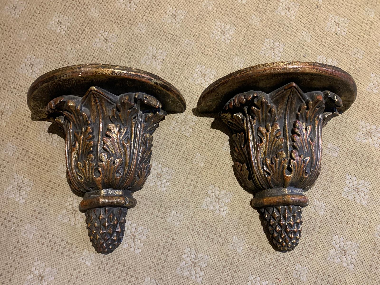 Pair of custom finely carved & hand painted brackets, brown & gilt finish
After 19th century continental originals.