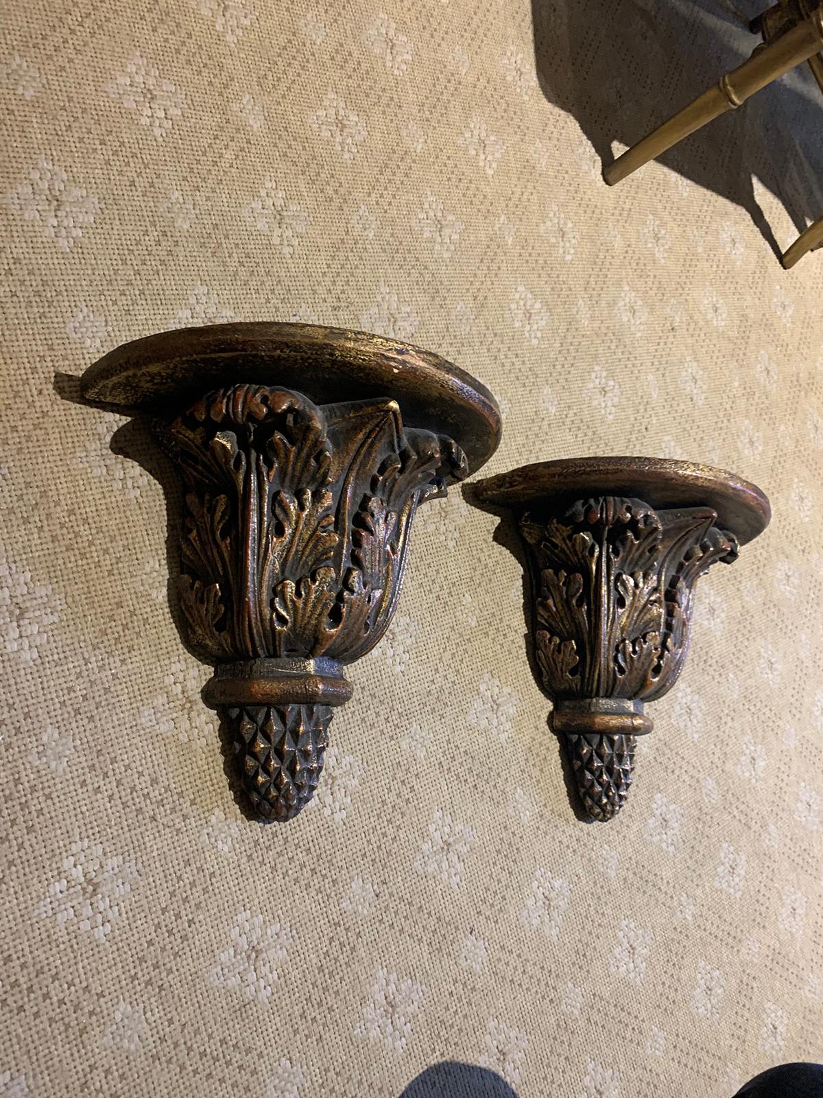 20th Century Pair of Custom Finely Carved & Hand Painted Brackets, Brown & Gilt Finish For Sale