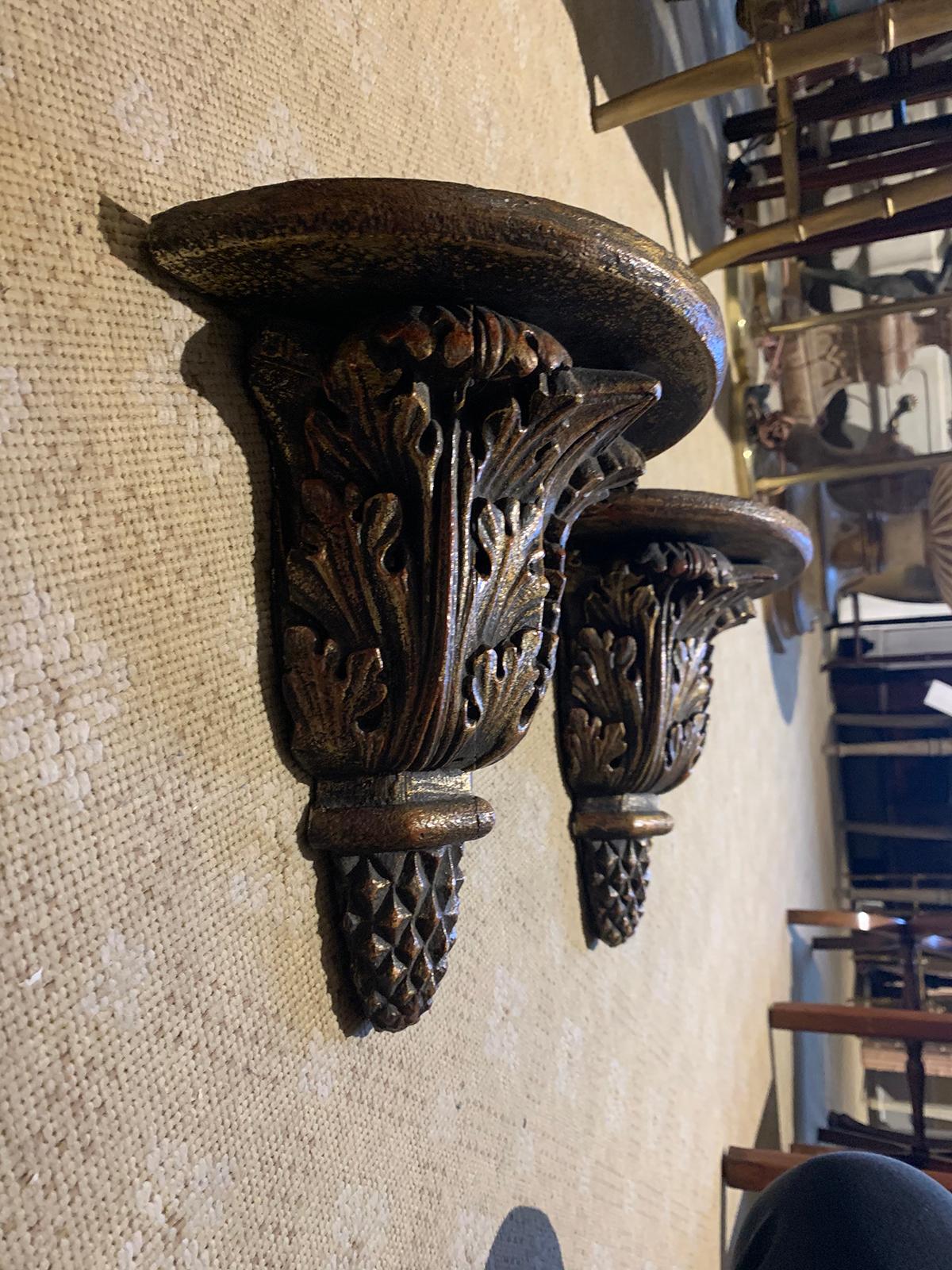 Pair of Custom Finely Carved & Hand Painted Brackets, Brown & Gilt Finish For Sale 1