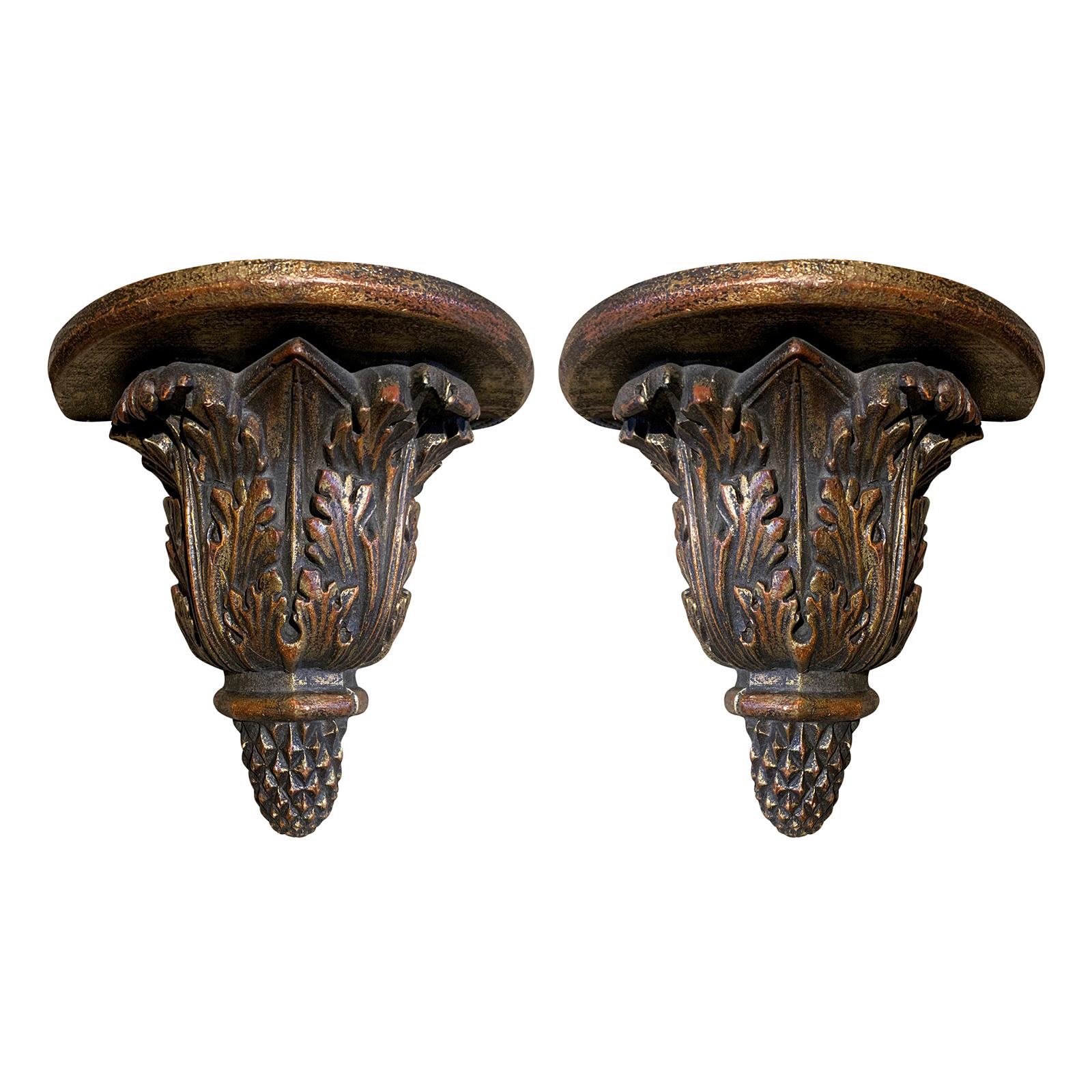 Pair of Custom Finely Carved & Hand Painted Brackets, Brown & Gilt Finish For Sale