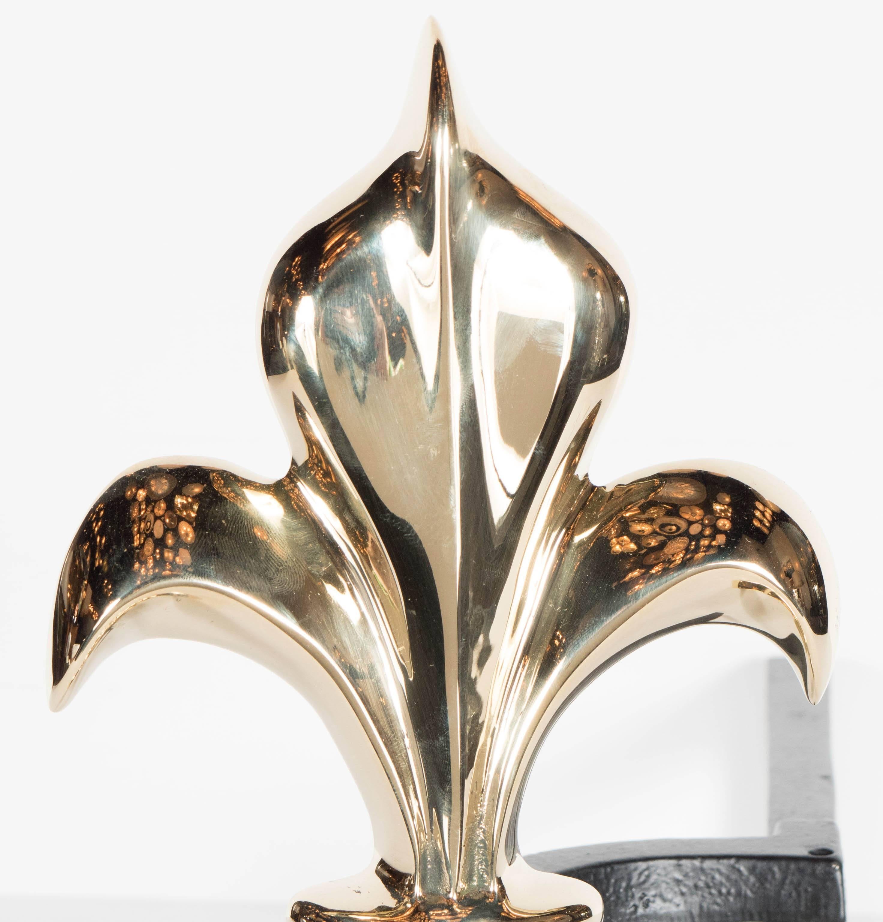 Hollywood Regency Pair of Custom Fleur-de-Lis Andirons in Polished Brass For Sale