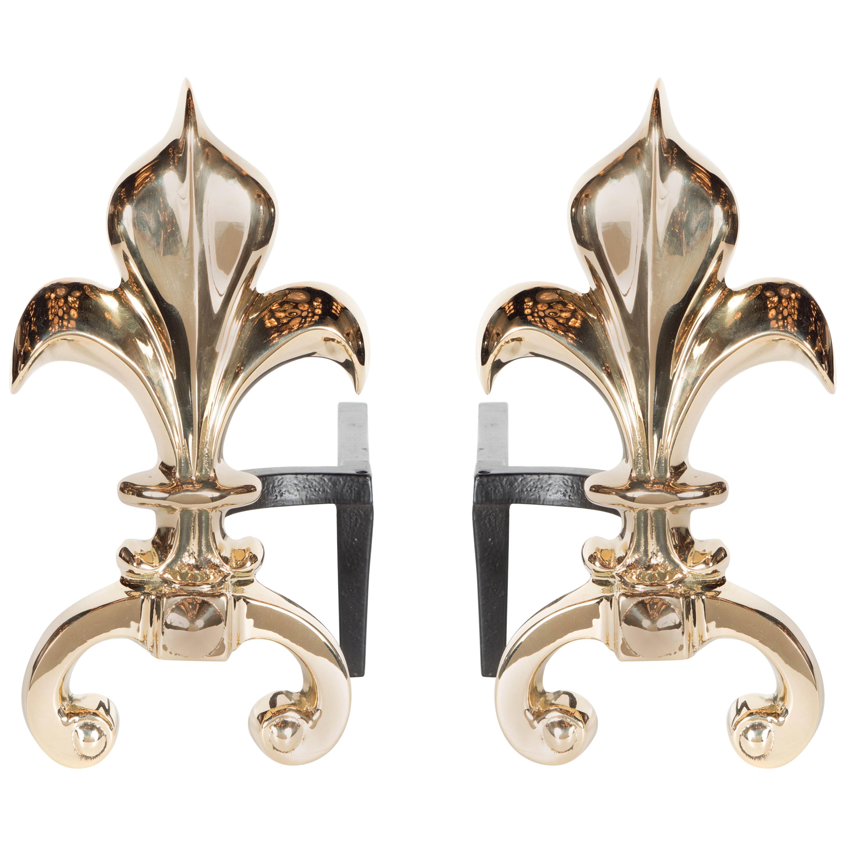 Pair of Custom Fleur-de-Lis Andirons in Polished Brass For Sale